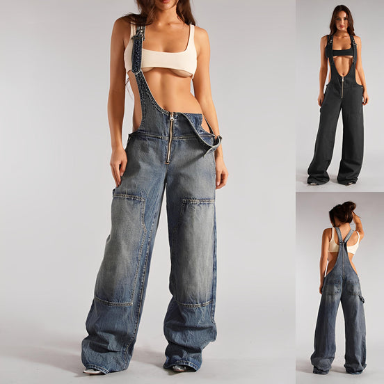 Damen Y2K Jeans-Latzhose – Träger-Jumpsuit mit Reißverschluss