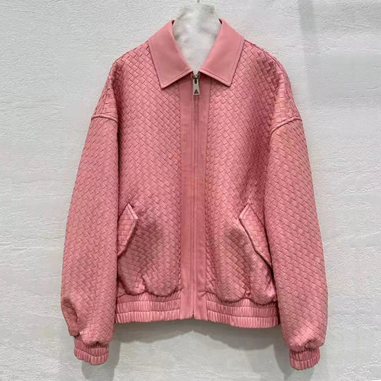 Handgestrickte Damen-Lammfelllederjacke mit überschnittenen Schultern – Streetwear-Mantel